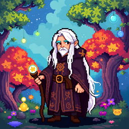 A pixel art wizard without a hat, featuring long white hair flowing over his shoulders