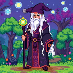 A pixel art wizard without a hat, featuring long white hair flowing over his shoulders