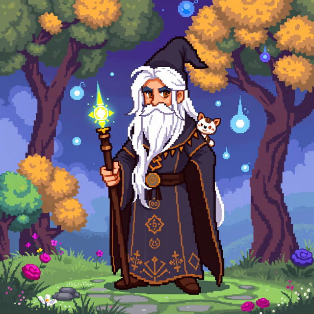 A pixel art wizard without a hat, featuring long white hair flowing over his shoulders