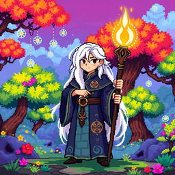 A pixel art wizard without a hat, featuring long white hair flowing over his shoulders