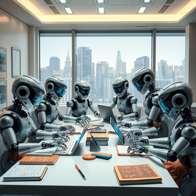 A futuristic scene depicting a group of robots collaboratively working on homework at a desk in a modern study room, with books and laptops scattered around