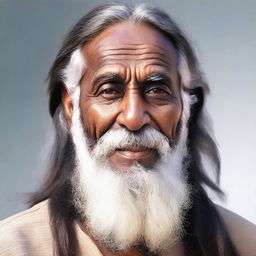 A high-quality, realistic digital art of a handsome, elderly Indian man with long, unkempt hair and beard