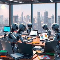 A futuristic scene depicting a group of robots collaboratively working on homework at a desk in a modern study room, with books and laptops scattered around