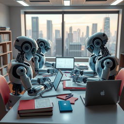 A futuristic scene depicting a group of robots collaboratively working on homework at a desk in a modern study room, with books and laptops scattered around