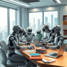A futuristic scene depicting a group of robots collaboratively working on homework at a desk in a modern study room, with books and laptops scattered around