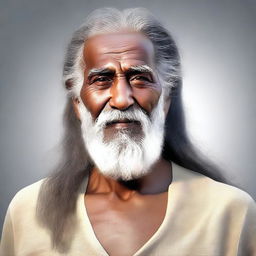 A high-quality, realistic digital art of a handsome, elderly Indian man with long, unkempt hair and beard