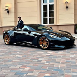 A luxurious black pearl metallic sports car parked on a textured brick pavement in front of a stylish beige building