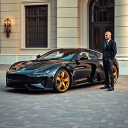 A luxurious black pearl metallic sports car parked on a textured brick pavement in front of a stylish beige building