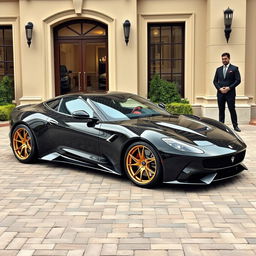 A luxurious black pearl metallic sports car parked on a textured brick pavement in front of a stylish beige building
