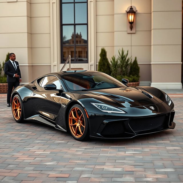 A luxurious black pearl metallic sports car parked on a textured brick pavement in front of a stylish beige building