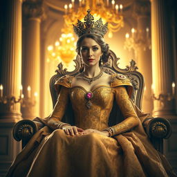A regal and majestic queen seated on her throne, adorned in an opulent golden gown, intricately designed with royal patterns