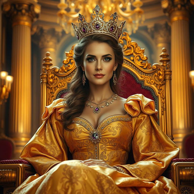 A regal and majestic queen seated on her throne, adorned in an opulent golden gown, intricately designed with royal patterns