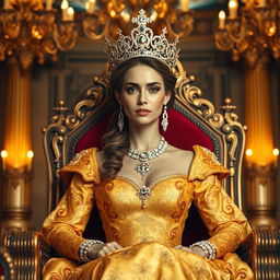 A regal and majestic queen seated on her throne, adorned in an opulent golden gown, intricately designed with royal patterns