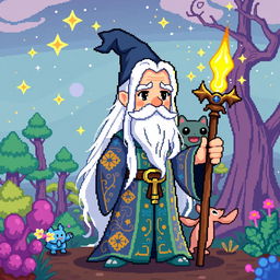 A pixel art wizard in a cartoon style, showcasing long white hair flowing over his shoulders and no hat