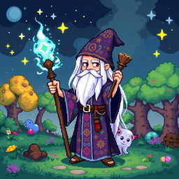 A pixel art wizard in a cartoon style, showcasing long white hair flowing over his shoulders and no hat