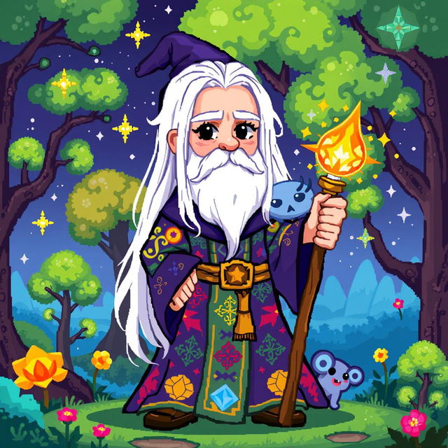 A pixel art wizard in a cartoon style, showcasing long white hair flowing over his shoulders and no hat