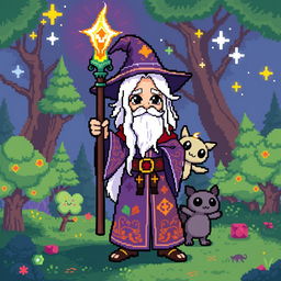 A pixel art wizard in a cartoon style, showcasing long white hair flowing over his shoulders and no hat