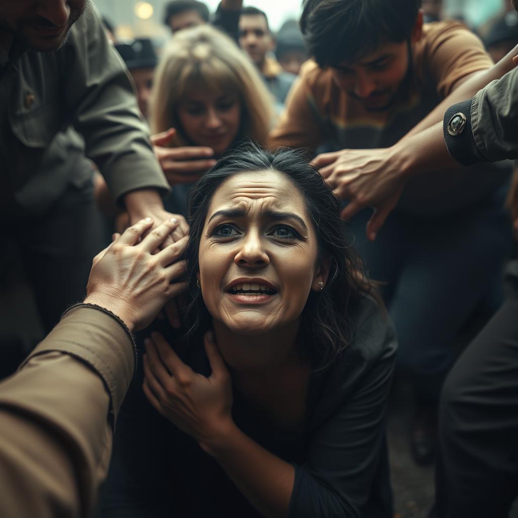 A poignant scene depicting a woman on her knees, tears streaming down her face as she begs with visible desperation