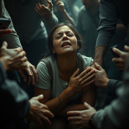 A poignant scene depicting a woman on her knees, tears streaming down her face as she begs with visible desperation
