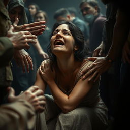 A poignant scene depicting a woman on her knees, tears streaming down her face as she begs with visible desperation