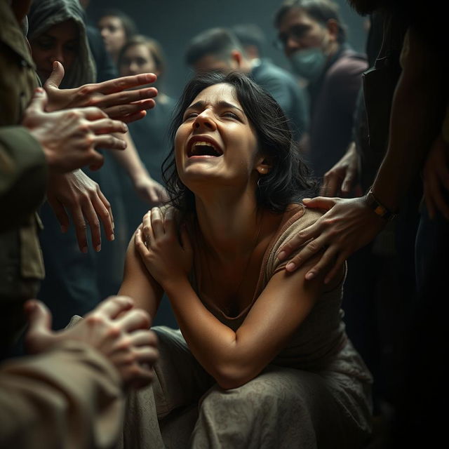 A poignant scene depicting a woman on her knees, tears streaming down her face as she begs with visible desperation