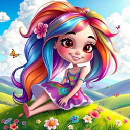 A cartoon girl with vibrant colors and a cheerful expression, wearing a colorful dress with floral patterns
