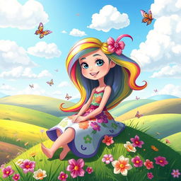 A cartoon girl with vibrant colors and a cheerful expression, wearing a colorful dress with floral patterns