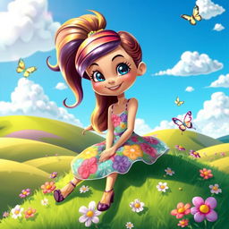 A cartoon girl with vibrant colors and a cheerful expression, wearing a colorful dress with floral patterns
