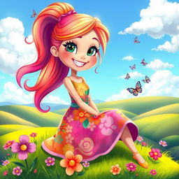 A cartoon girl with vibrant colors and a cheerful expression, wearing a colorful dress with floral patterns