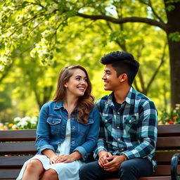 A romantic scene featuring a high school couple sitting on a bench in a park, both smiling and looking into each other's eyes