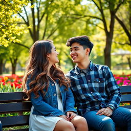 A romantic scene featuring a high school couple sitting on a bench in a park, both smiling and looking into each other's eyes
