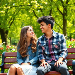 A romantic scene featuring a high school couple sitting on a bench in a park, both smiling and looking into each other's eyes