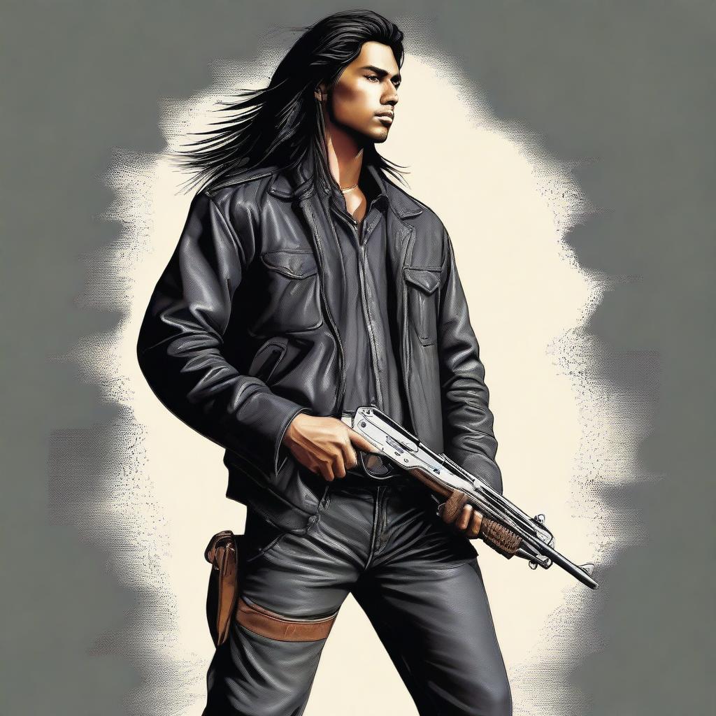 This meticulously detailed digital art image captures a handsome young Indian man with long hair, dressed in a black leather jacket, cargo pants, and sturdy boots