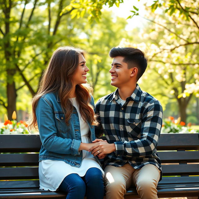 A romantic scene featuring a high school couple sitting on a bench in a park, both smiling and looking into each other's eyes