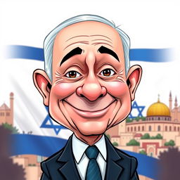 A whimsical caricature of Benjamin Netanyahu, featuring exaggerated facial features, a large nose, and expressive eyes
