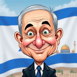 A whimsical caricature of Benjamin Netanyahu, featuring exaggerated facial features, a large nose, and expressive eyes