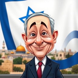A whimsical caricature of Benjamin Netanyahu, featuring exaggerated facial features, a large nose, and expressive eyes
