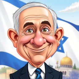 A whimsical caricature of Benjamin Netanyahu, featuring exaggerated facial features, a large nose, and expressive eyes