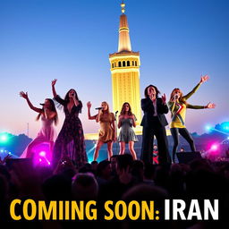 A vibrant concert poster featuring four iconic female singers: Ariana Grande, Taylor Swift, Billie Eilish, and Selena Gomez, passionately performing on a stage in front of the majestic Azadi Tower of Tehran