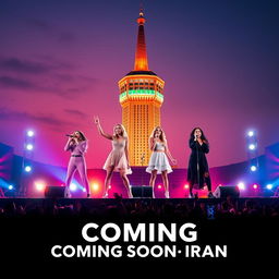 A vibrant concert poster featuring four iconic female singers: Ariana Grande, Taylor Swift, Billie Eilish, and Selena Gomez, passionately performing on a stage in front of the majestic Azadi Tower of Tehran