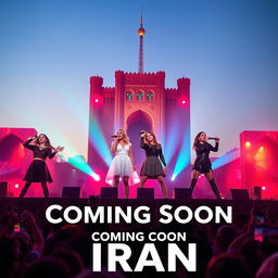 A vibrant concert poster featuring four iconic female singers: Ariana Grande, Taylor Swift, Billie Eilish, and Selena Gomez, passionately performing on a stage in front of the majestic Azadi Tower of Tehran