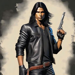 This meticulously detailed digital art image captures a handsome young Indian man with long hair, dressed in a black leather jacket, cargo pants, and sturdy boots