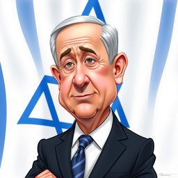 A caricature of Benjamin Netanyahu, showcasing exaggerated facial features, such as a prominent nose and distinctive hairstyle