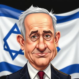 A caricature of Benjamin Netanyahu, showcasing exaggerated facial features, such as a prominent nose and distinctive hairstyle