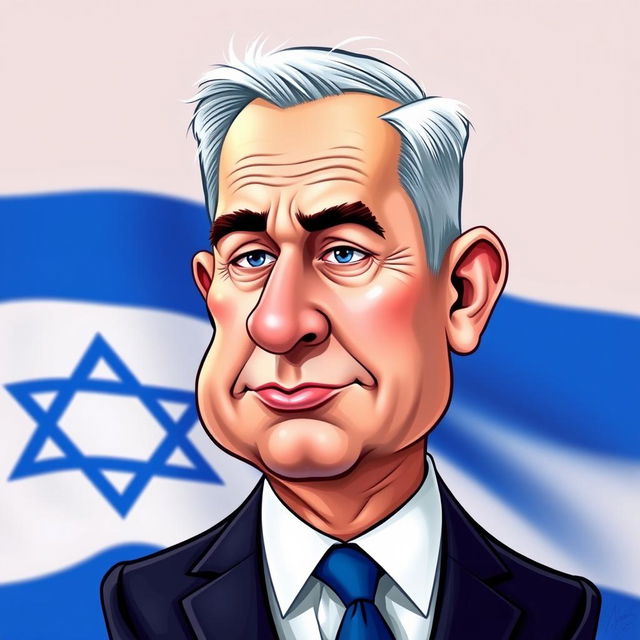 A caricature of Benjamin Netanyahu, showcasing exaggerated facial features, such as a prominent nose and distinctive hairstyle