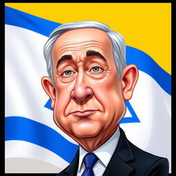 A caricature of Benjamin Netanyahu, showcasing exaggerated facial features, such as a prominent nose and distinctive hairstyle