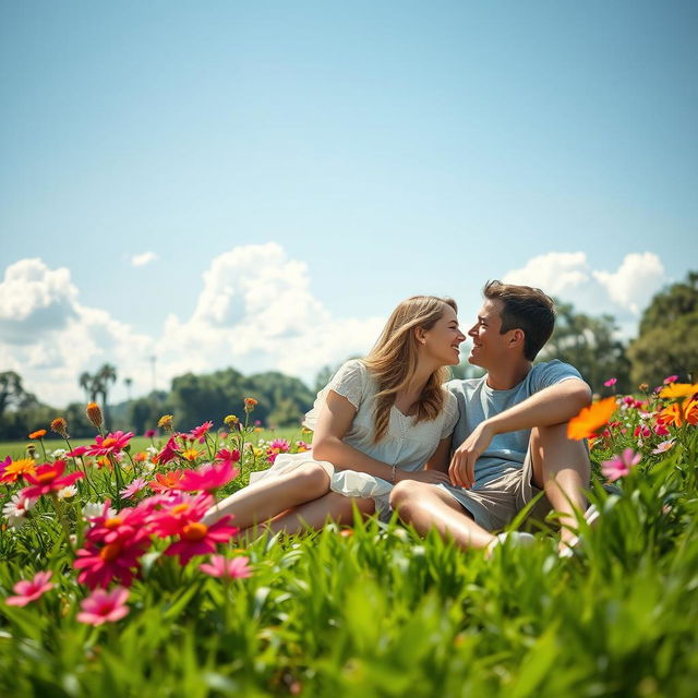 A romantic scene depicting young love between a couple in a sunlit park