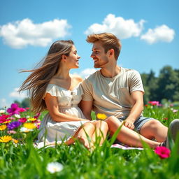 A romantic scene depicting young love between a couple in a sunlit park