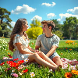 A romantic scene depicting young love between a couple in a sunlit park