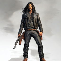 This meticulously detailed digital art image captures a handsome young Indian man with long hair, dressed in a black leather jacket, cargo pants, and sturdy boots